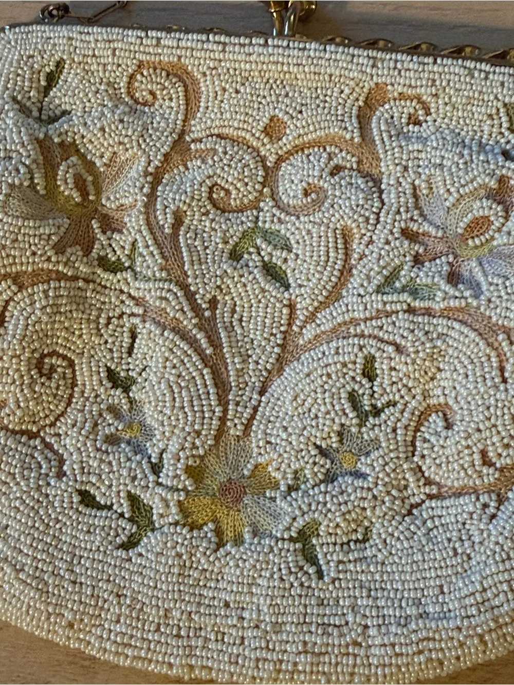 Vintage Longchamp Cream Beaded Floral Evening Clutch with Gold Chain